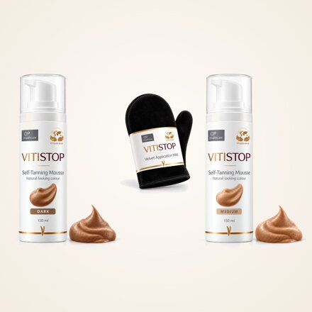 Mousse autoabbronzante Vitistop e guanto applicatore in velluto per il trucco correttivo della vitiligine
