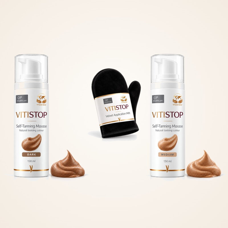 Mousse autoabbronzante Vitistop per la vitiligine con guanto in velluto