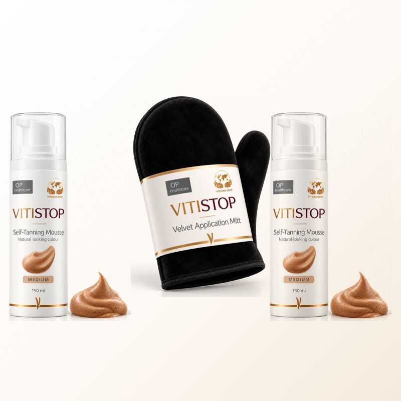 Kit trucco correttivo Vitistop – 2 × Mousse Autoabbronzante + guanto in velluto